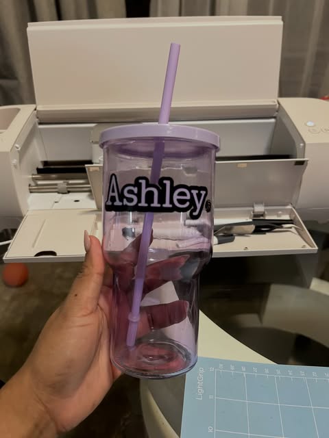 Clear lavender cup with a custom name decal