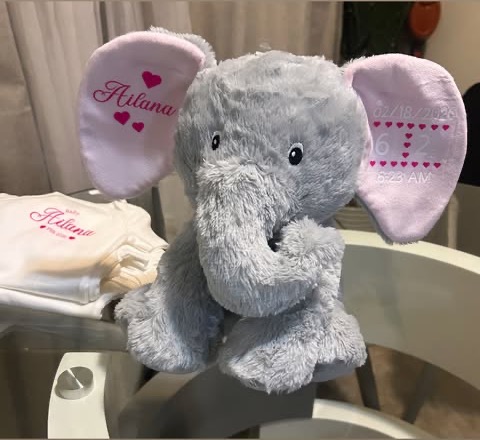 Plush elephant with personalized baby birth announcement ears
